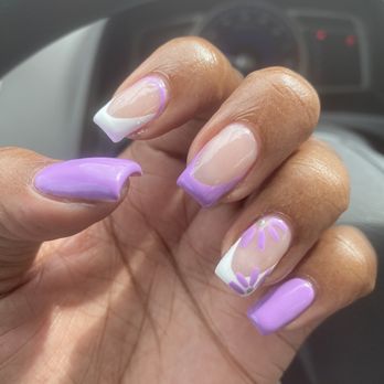 D'yVonne's Nails and Beauty Bar - Lavender white with flowers french set on natural nails. - Nail Salons Near Me - Forest Park, Georgia D'yVonne's Nails and Beauty Bar - Lavender white with flowers french set on natural nails. - Nail Salons Near Me - Forest Park, Georgia