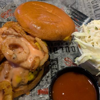 Boulder Tap House - Western Burger with slaw. - Sports Bars Near Me - Ames, Iowa Boulder Tap House - Western Burger with slaw. - Sports Bars Near Me - Ames, Iowa