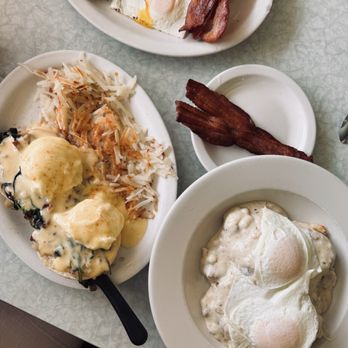 Joni's Diner - Bottom right: biscuits and gravy Bottom left: eggs Florentine Top left: potato pancake - Diners Near Me - Lake Geneva, Wisconsin Joni's Diner - Bottom right: biscuits and gravy Bottom left: eggs Florentine Top left: potato pancake - Diners Near Me - Lake Geneva, Wisconsin