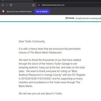 The Black Marlin - Website stating closure. - Seafood Near Me - Tustin, California