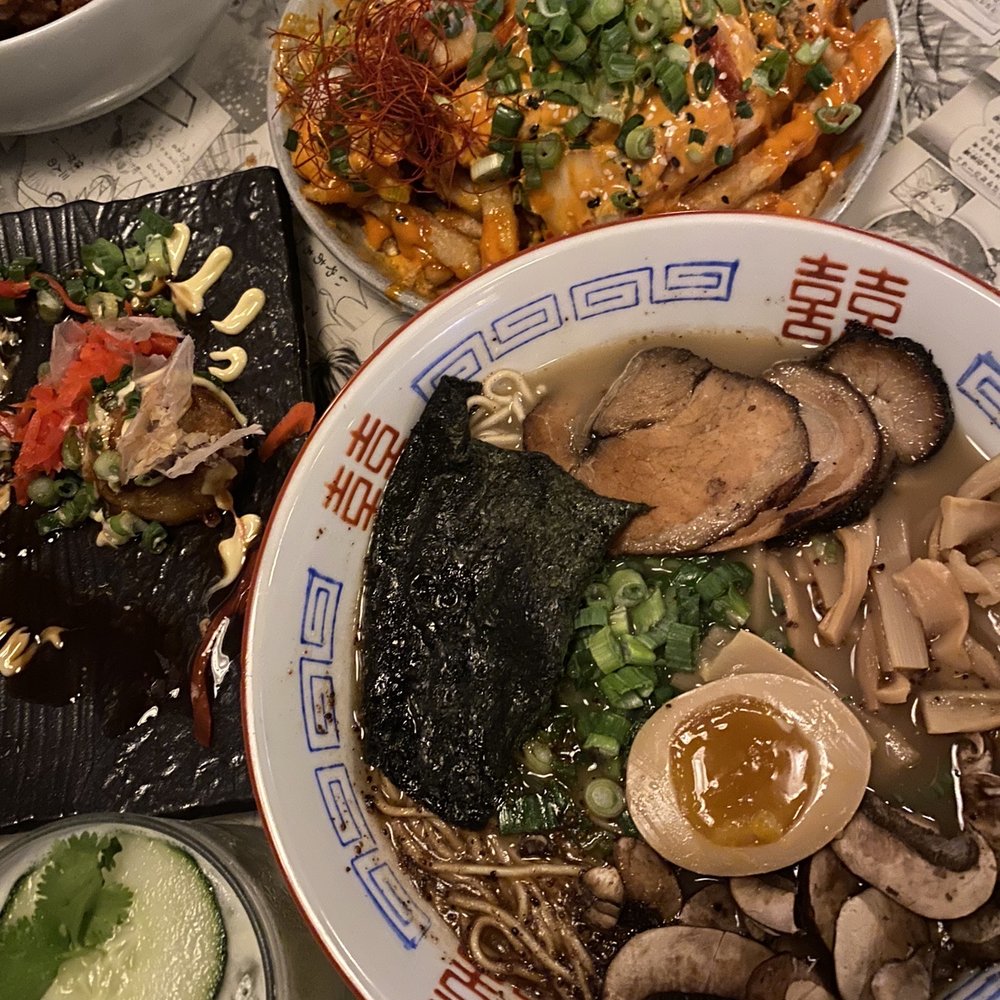 Clockwise: Tonkotsu ramen, parseltongue cocktail, takoyaki, golden curry, loaded kimchi fries