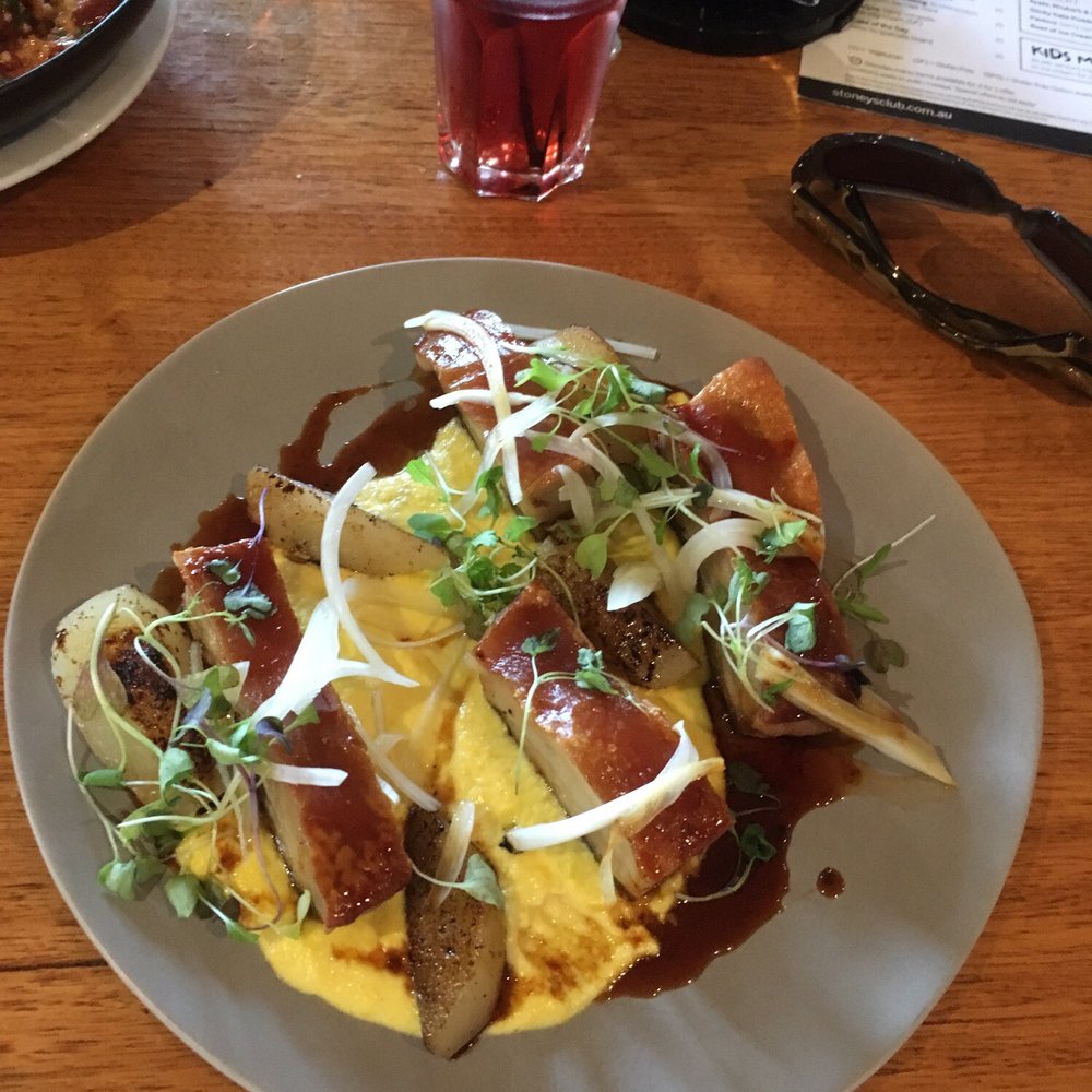 Stoneys Club - Yummy crispy pork belly with pear, fennel and corn purée - Restaurants Near Me - Bacchus Marsh, VIC