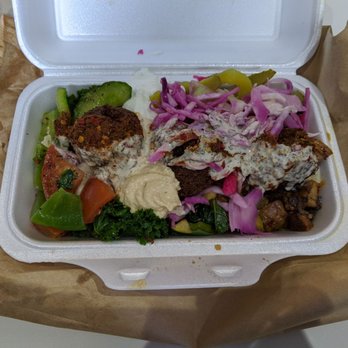Lebanon Express - Plate with falafel and three salad choices. All amazing - Lebanese Near Me - Toronto, Ontario