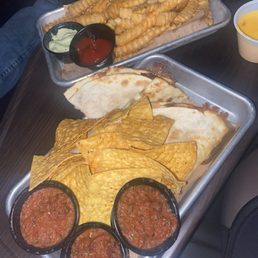 Truffle fries   Cheese quesadilla with chips and salsa + queso