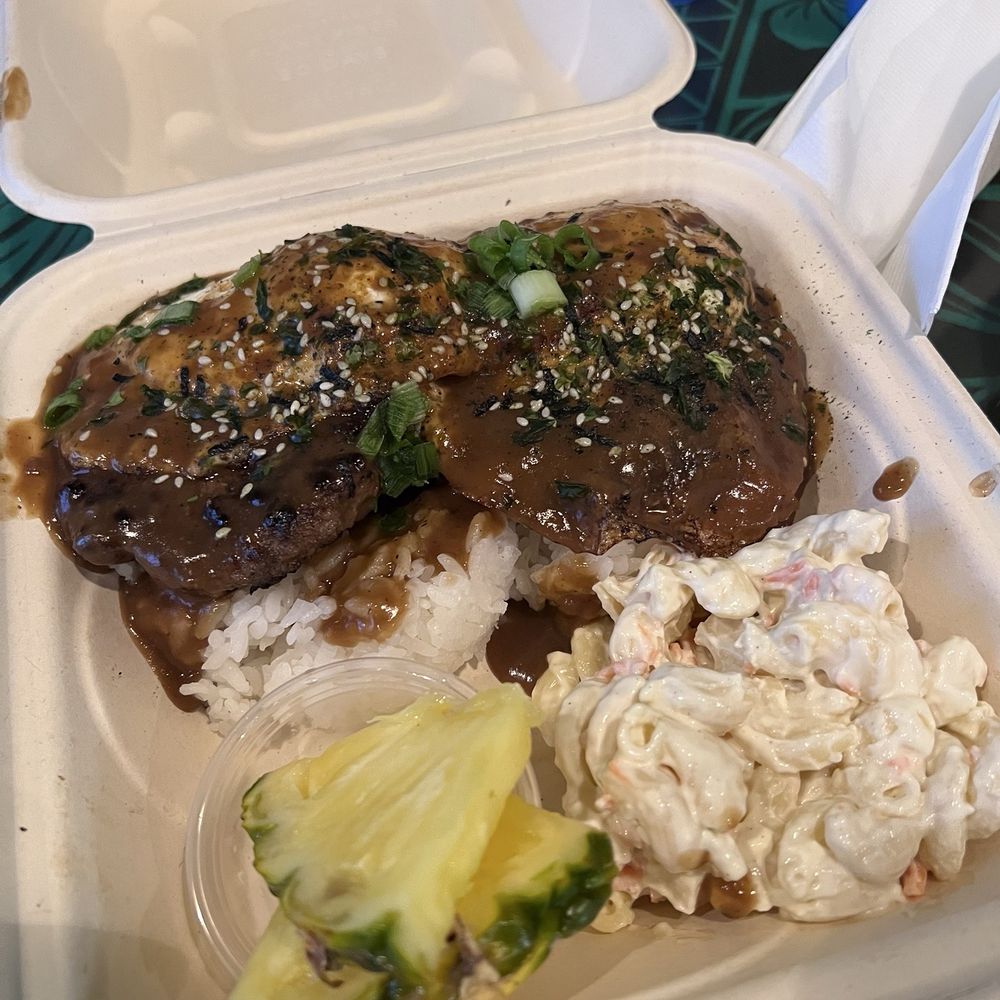 Loco moco with mac salad and pineapple