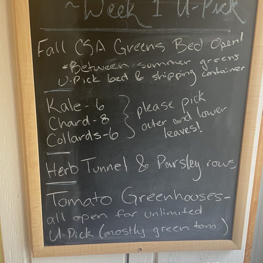 Ecolibrium Farms - This is what's posted each week on the board that tells you what you can pick from the fields (UPick section) - Farms Near Me - Redmond, Washington