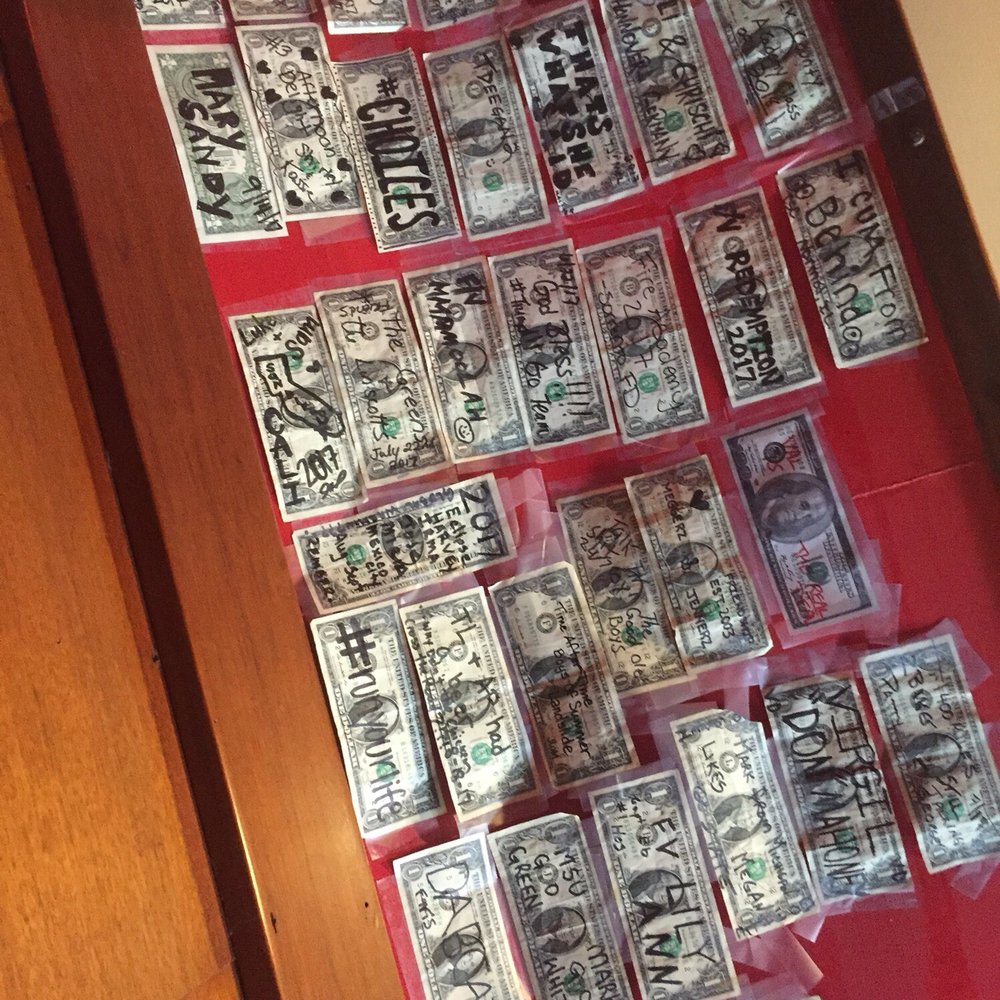 Finn's Irish Pub - People tape dollar bills to ceiling with little messages and when the ceiling fills up, the bar decides where to donate the money! - Gastropubs Near Me - Ellsworth, Maine Finn's Irish Pub - People tape dollar bills to ceiling with little messages and when the ceiling fills up, the bar decides where to donate the money! - Gastropubs Near Me - Ellsworth, Maine