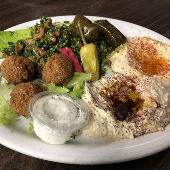 Green Corner Restaurant - Vegetarian Plate - smaller falafel than I've seen elsewhere, but crispy. Great baba. Fair humus. Good tzatziki. Rating is 7 out of 10. - Mediterranean Near Me - Mesa, Arizona