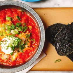 Shakshouka with charcoal sourdough toast