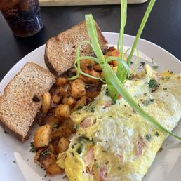 Caprese omelet with home fries and toast - and a fancy chive