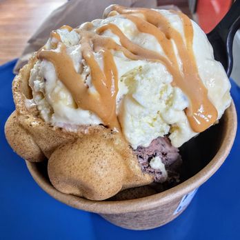 Pufferbelly Ice Cream - Monkey Business and Chocoholic Ice Cream with Peanut Butter Topping at Pufferbelly - Candy Stores Near Me - Fort Wayne, Indiana Pufferbelly Ice Cream - Monkey Business and Chocoholic Ice Cream with Peanut Butter Topping at Pufferbelly - Candy Stores Near Me - Fort Wayne, Indiana