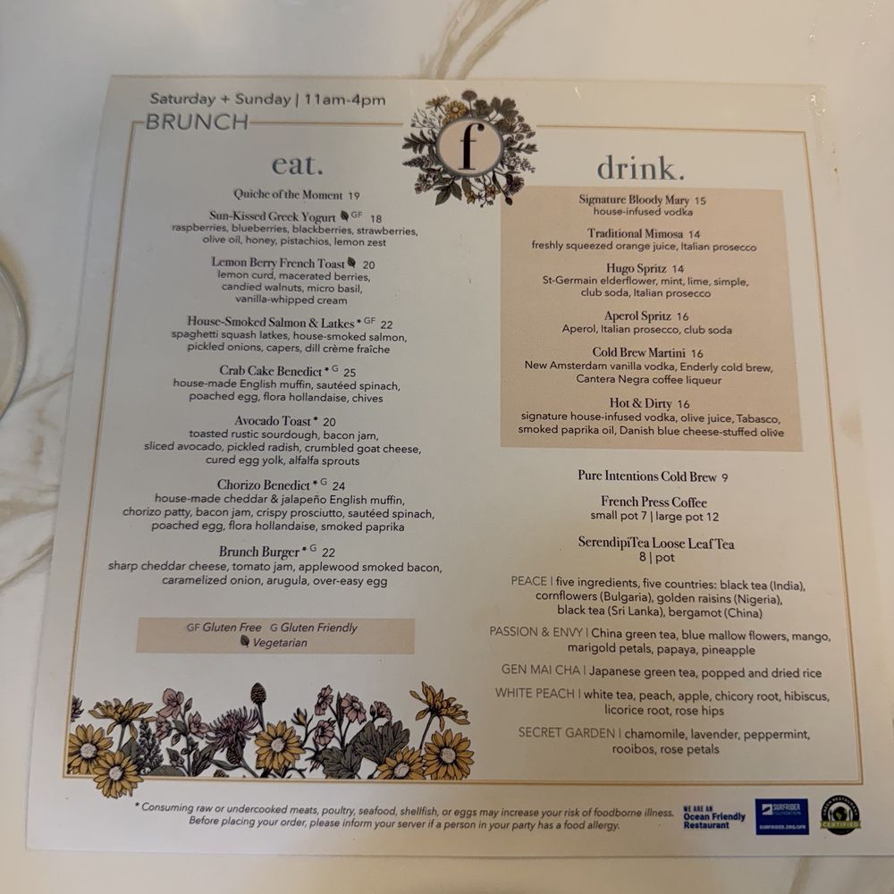 Flora - The tease you with a brunch menu that is not available to order yet - New American Near Me - Charlotte, North Carolina