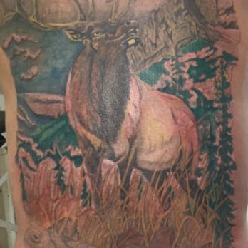 Squirrelly's Skin Art - Elk back piece - Tattoo Near Me - Hubbard, Ohio