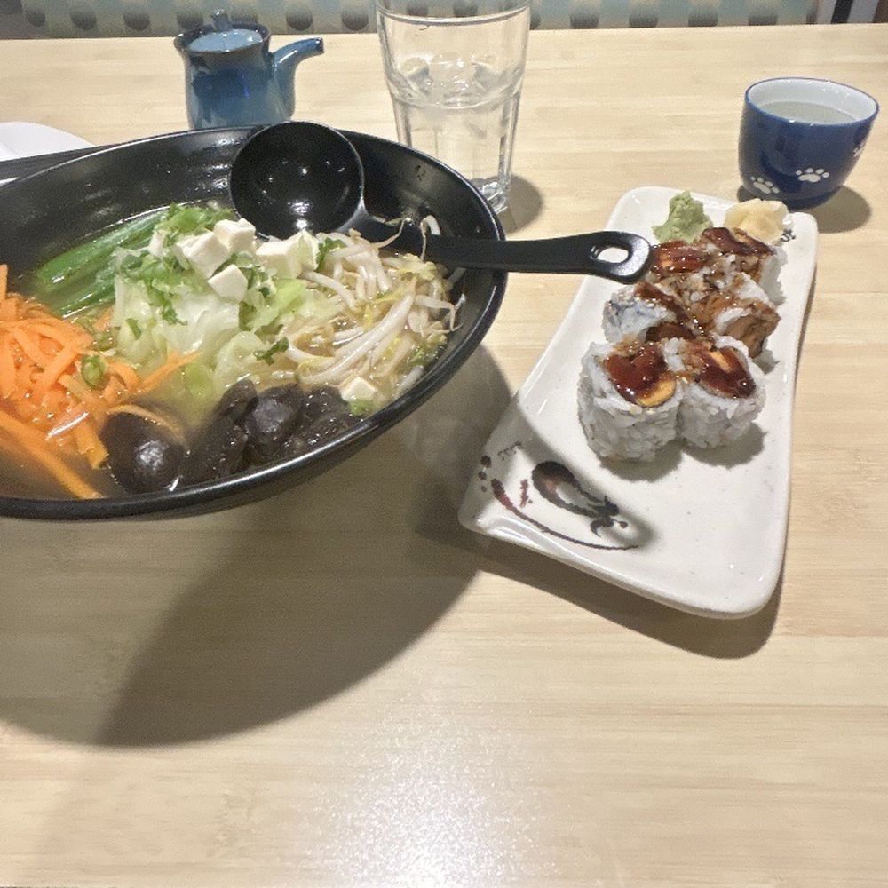 Veggie Ramen and Sweet Potato Tempura Maki Roll Veggie Ramen and Sweet Potato Tempura Maki Roll