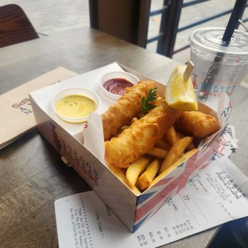 Gordon Ramsay Fish & Chips - Fish & Chips with Curry mango sauce, which I liked. I didn't like the cocktail sauce. - Fish & Chips Near Me - Washington, DC, District of Columbia