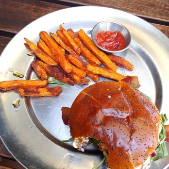 Eureka! - Fresno fig burger with sweet potato fries - Bars Near Me - Cerritos, California Eureka! - Fresno fig burger with sweet potato fries - Bars Near Me - Cerritos, California