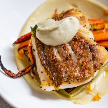 The Nash - Pan Seared Snapper, parsnip purée, braised leeks, vadouvan roasted baby carrots - New American Near Me - Houston, Texas The Nash - Pan Seared Snapper, parsnip purée, braised leeks, vadouvan roasted baby carrots - New American Near Me - Houston, Texas