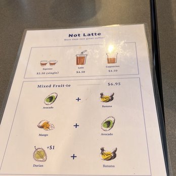 Not Latte - Menu with the mixed fruit combos Avocado + banana Mango + avocado Durian + banana - Cafes Near Me - San Francisco, California