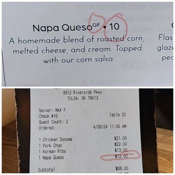 Napa Flats Wood-Fired Kitchen - Charged extra to make the gluten-free queso "for real gluten-free." April 2024 - Italian Near Me - Tulsa, Oklahoma