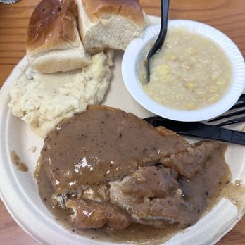 B J's Grill - Chicken fried chicken with light brown gravy, mashed potatoes, creamed corn and rolls - American Near Me - Stokesdale, North Carolina