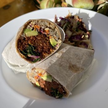 Date & Thyme - THE JERK WRAP $14 jerk-spiced house veggie burger, avocado, cabbage, carrots, lemon kale, quinoa & brown rice, jerk aioli - Vegetarian Near Me - Key West, Florida Date & Thyme - THE JERK WRAP $14 jerk-spiced house veggie burger, avocado, cabbage, carrots, lemon kale, quinoa & brown rice, jerk aioli - Vegetarian Near Me - Key West, Florida
