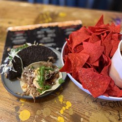 Piglatin Cocina - Chips & Salsa, Purple Pineapple Pork Taco (Island Taco) and Kimchi taco.