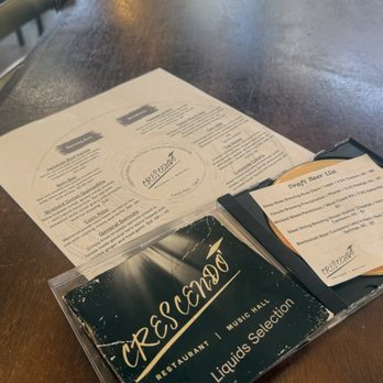 Crescendo - Their drinks menu is a custom printed CD jacket. Brilliant!! - New American Near Me - Clayton, North Carolina Crescendo - Their drinks menu is a custom printed CD jacket. Brilliant!! - New American Near Me - Clayton, North Carolina