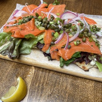 Olive & Anchor - Smoked Salmon flatbread- generous portion and absolutely delicious- $19 - Seafood Near Me - West Vancouver, British Columbia Olive & Anchor - Smoked Salmon flatbread- generous portion and absolutely delicious- $19 - Seafood Near Me - West Vancouver, British Columbia