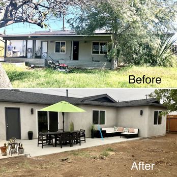 Darosa Construction - Before and after photo of the back of house addition. Love how the roof line, grey trim and sliding door turned out. - General Contractors Near Me