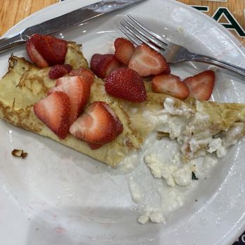 Verdict Restaurant - Cheese blintze with "fresh" strawberries. Yeah that's cottage cheese! - Greek Near Me - Wheaton, Illinois Verdict Restaurant - Cheese blintze with "fresh" strawberries. Yeah that's cottage cheese! - Greek Near Me - Wheaton, Illinois