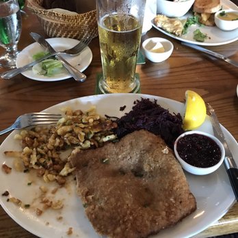 Mountain Brauhaus - Weiner Schnitzel with spetzel and red cabbage - New American Near Me - Gardiner, New York