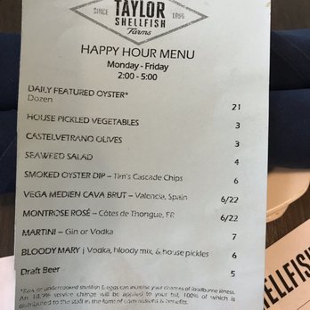 Taylor Shellfish Oyster Bar - Happy hour menu as of 5/2019 - Seafood Near Me - Seattle, Washington Taylor Shellfish Oyster Bar - Happy hour menu as of 5/2019 - Seafood Near Me - Seattle, Washington