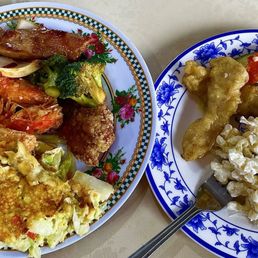 Satisfying Lunch Buffet: Egg Fu Yong, Crispy Garlic Shrimp, Broccoli Chicken, Chicken Wings, Veggie Fish, tasty homemade Mac Salad! Satisfying Lunch Buffet: Egg Fu Yong, Crispy Garlic Shrimp, Broccoli Chicken, Chicken Wings, Veggie Fish, tasty homemade Mac Salad!