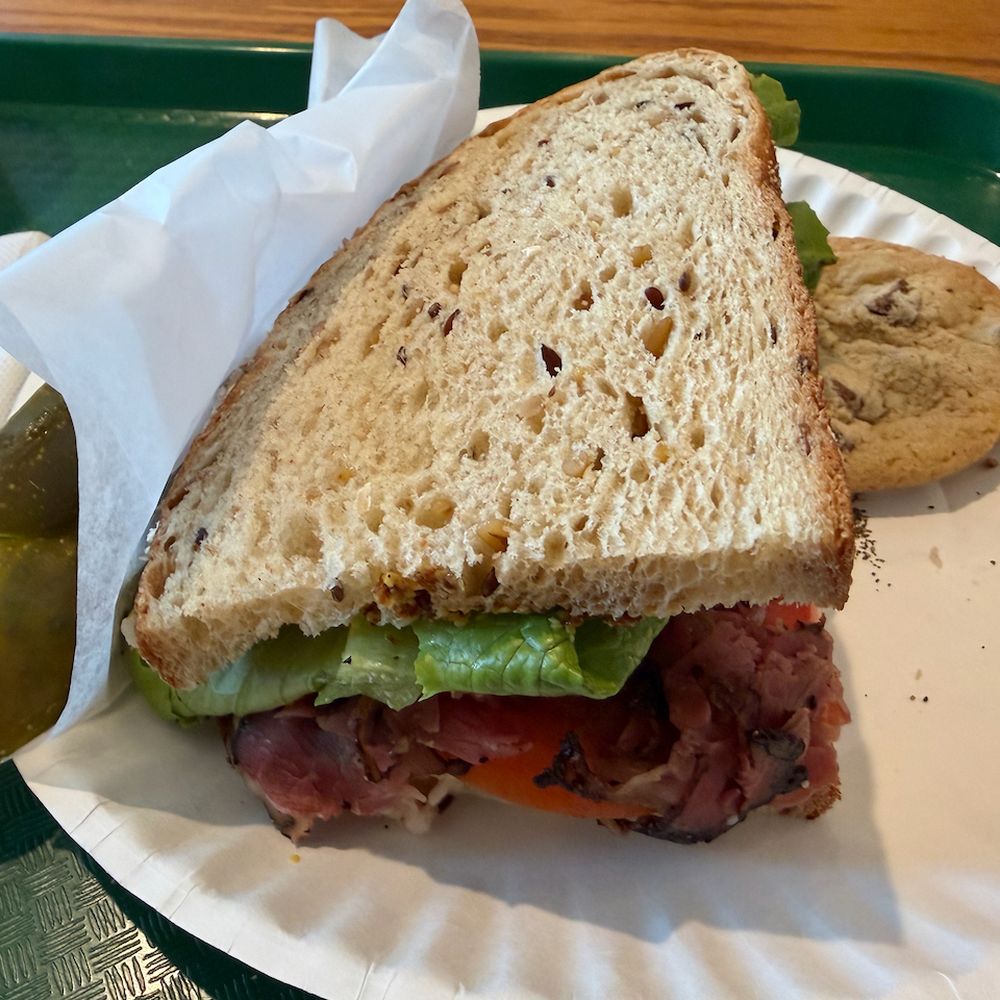 Shea Schat's - 1/2 sandwich pastrami on rye with a pickle and cookie. - Bakeries Near Me - Mammoth Lakes, California Shea Schat's - 1/2 sandwich pastrami on rye with a pickle and cookie. - Bakeries Near Me - Mammoth Lakes, California