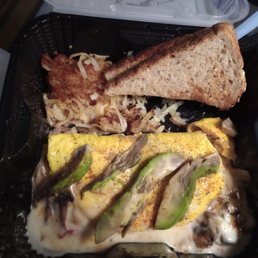 BYO omelette with a avocado sliced , hash brown & toast. BYO omelette with a avocado sliced , hash brown & toast.