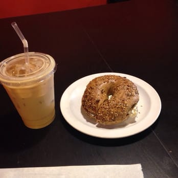 Cafenation - Small iced caramel latte and an everything bagel with veggie cream cheese - Coffee & Tea Near Me - Brighton, Massachusetts Cafenation - Small iced caramel latte and an everything bagel with veggie cream cheese - Coffee & Tea Near Me - Brighton, Massachusetts