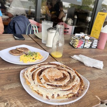 Eternal Sunshine Cafe - Cinnamon swirl pancake with a side of eggs and turkey sausage - Cafes Near Me - Wilmington, North Carolina Eternal Sunshine Cafe - Cinnamon swirl pancake with a side of eggs and turkey sausage - Cafes Near Me - Wilmington, North Carolina