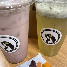 Cherry cinnamon milk tea with coconut whip & a minty matte and orange chocolate