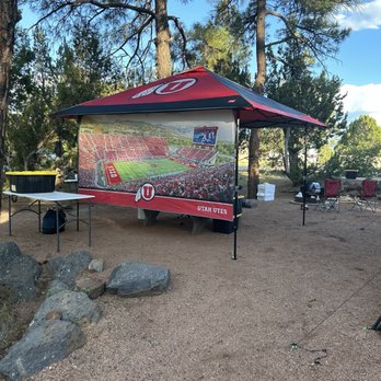 Fool Hollow State Park - Our set up around the table.  Also had a screen room for games and our tent.  Can't remember the site number but it was a double site. - Parks Near Me - Show Low, Arizona