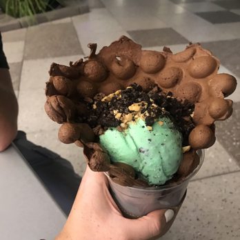 Waffelato - Mint Chocolate Chip with a chocolate cone & Oreos - Desserts Near Me - Las Vegas, Nevada