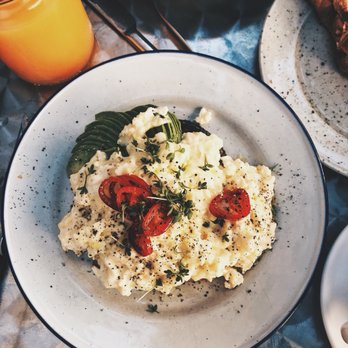 Pom och Flora - 100% eggs toast w soft scrambled eggs, grated cheddar cheese, pickled red chili and avocado. - Cafes Near Me - Stockholm, Alberta
