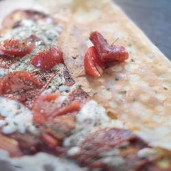 Muddy Crepes - Pizza Crepe: Melted Cheese, Pepperoni, Tomatoes, Mushrooms, Oregano, Italian Sauce