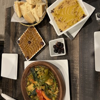 Andalusia - Vegetable Tagine, Split Pea Soup, Eggplant Puree, Homemade Bread, Spicy Olives - Moroccan Near Me - Memphis, Tennessee Andalusia - Vegetable Tagine, Split Pea Soup, Eggplant Puree, Homemade Bread, Spicy Olives - Moroccan Near Me - Memphis, Tennessee
