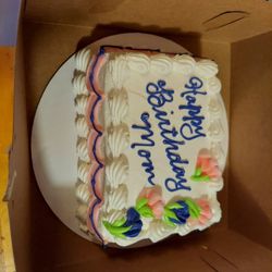 Litty's Cakes and Cookies - 1/16 white cake with pink and purple birthday celebration message.