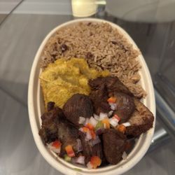 Gourmet Kreyol - Okap Bowl - Griot, fried plantains with rice and beans.