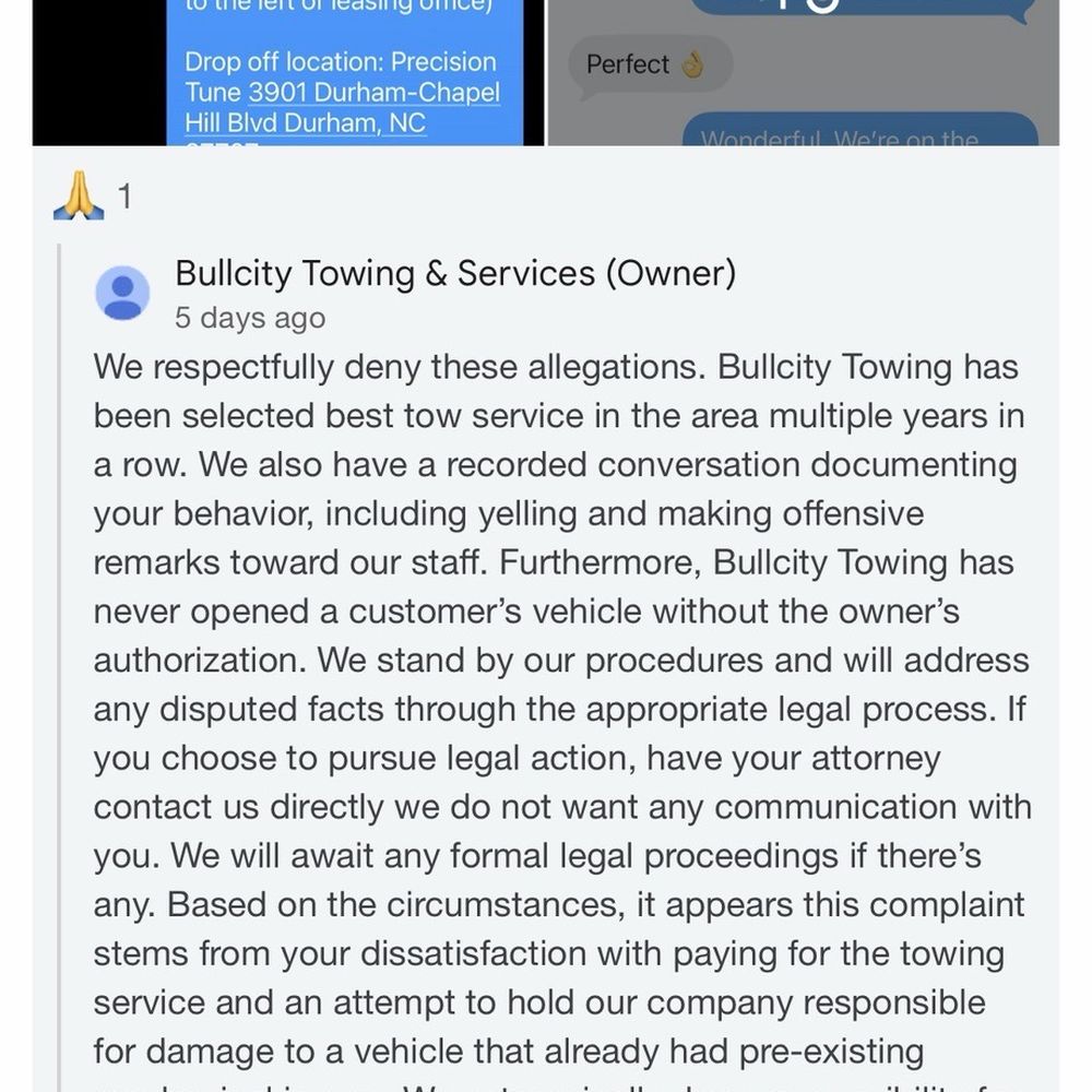 Bullcity Towing & Services - Lying and denying what they did to my car. If you deny the claims why offer to settle when the demand letter was sent? - Auto Detailing Near Me - Durham, North Carolina Bullcity Towing & Services - Lying and denying what they did to my car. If you deny the claims why offer to settle when the demand letter was sent? - Auto Detailing Near Me - Durham, North Carolina