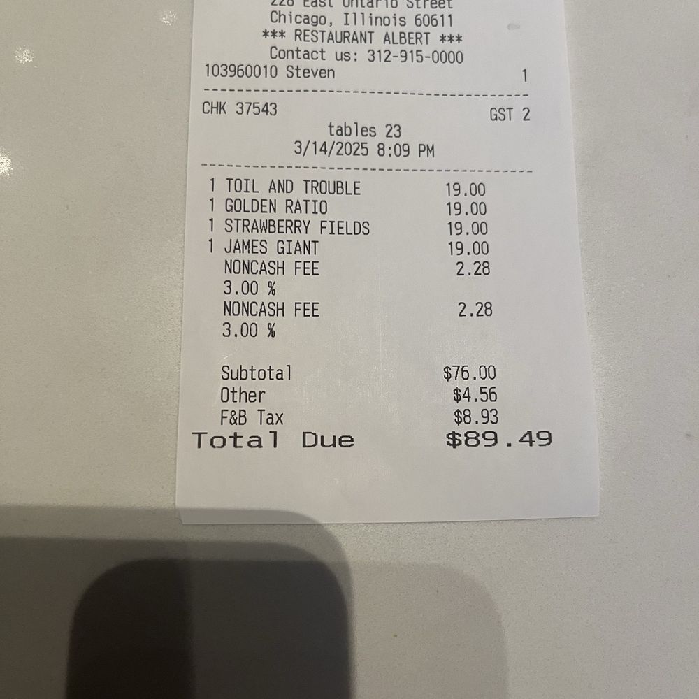 the Albert - Receipt of a random assortment of drinks we did not order - New American Near Me - Chicago, Illinois
