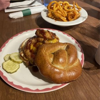 Gene's Place To Dine - Lone Ranger on a pretzel bun, and curly fries - Sandwiches Near Me - Cleveland, Ohio