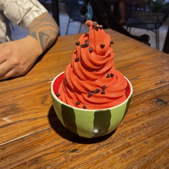 Aloha Steak House - Watermelon Soft Serve with chocolate chips as the seeds - Steakhouses Near Me - Honolulu, Hawaii Aloha Steak House - Watermelon Soft Serve with chocolate chips as the seeds - Steakhouses Near Me - Honolulu, Hawaii