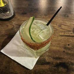 Behind Closed Doors - Jalapeño Business (mezcal or tequila, cucumber, jalapeño, agave, fresh squeezed lime). SO refreshing with a chamoy tajin rim